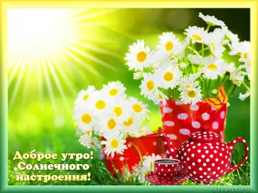 Доброе летнее утро Открытка с добрым летним утром,доброго летнего утра,ромашки,чайный сервис в горошек