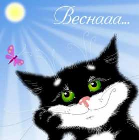 Открытки первый день весны,поздравления с первым весенним днём,чёрный кот улыбается Картинки открытки с первым днём весны,первое марта,открытка открытки с наступлением весны 1 марта,поздравления с весной,с первым марта,открытка с весной скачать